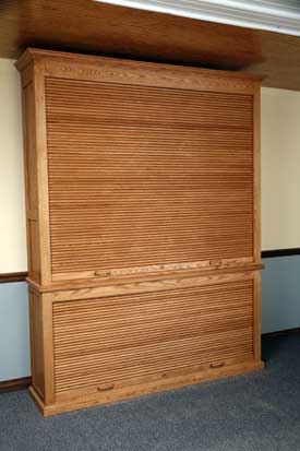 Both Roll Top Doors Closed on Oak Gun Cabinet