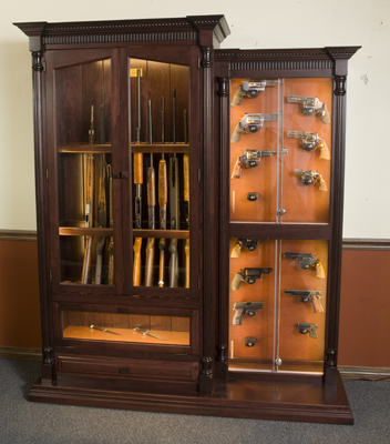 Amish made custom cherry pistol, long gun, and knife display