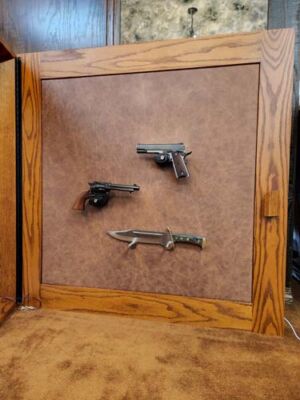Fus picture frame wall pistol display in solid oak.
